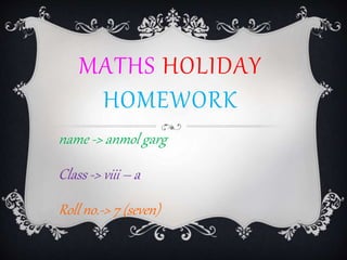 front page of maths holiday homework