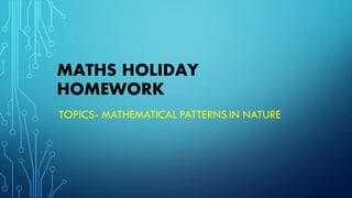 MATHS HOLIDAY
HOMEWORK
TOPICS- MATHEMATICAL PATTERNS IN NATURE
 
