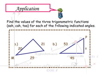 Application    P a.)  21  b.)  53 20    t M 29 45 Find the values of the three trigonometric functions  (soh, cah, toa) for each of the following indicated angles. 