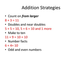 Addition Strategies 
• Count on from larger 
8 + 3 = 11 
• Doubles and near doubles 
5 + 5 = 10, 5 + 6 = 10 and 1 more 
• Make to ten 
11 + 9 = 10 + 10 
• Number facts 
6 + 4= 10 
• Odd and even numbers 
 