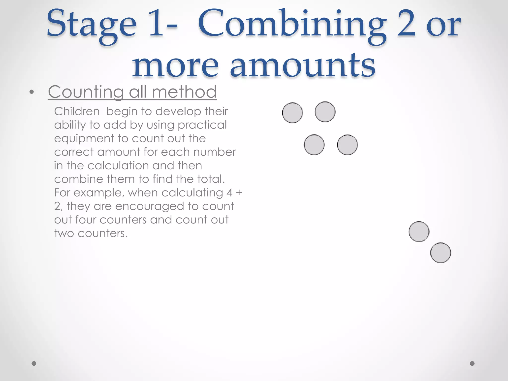 Stage 1- Combining 2 or
more amounts
• Counting all method
Children begin to develop their
ability to add by using practical
equipment to count out the
correct amount for each number
in the calculation and then
combine them to find the total.
For example, when calculating 4 +
2, they are encouraged to count
out four counters and count out
two counters.
 