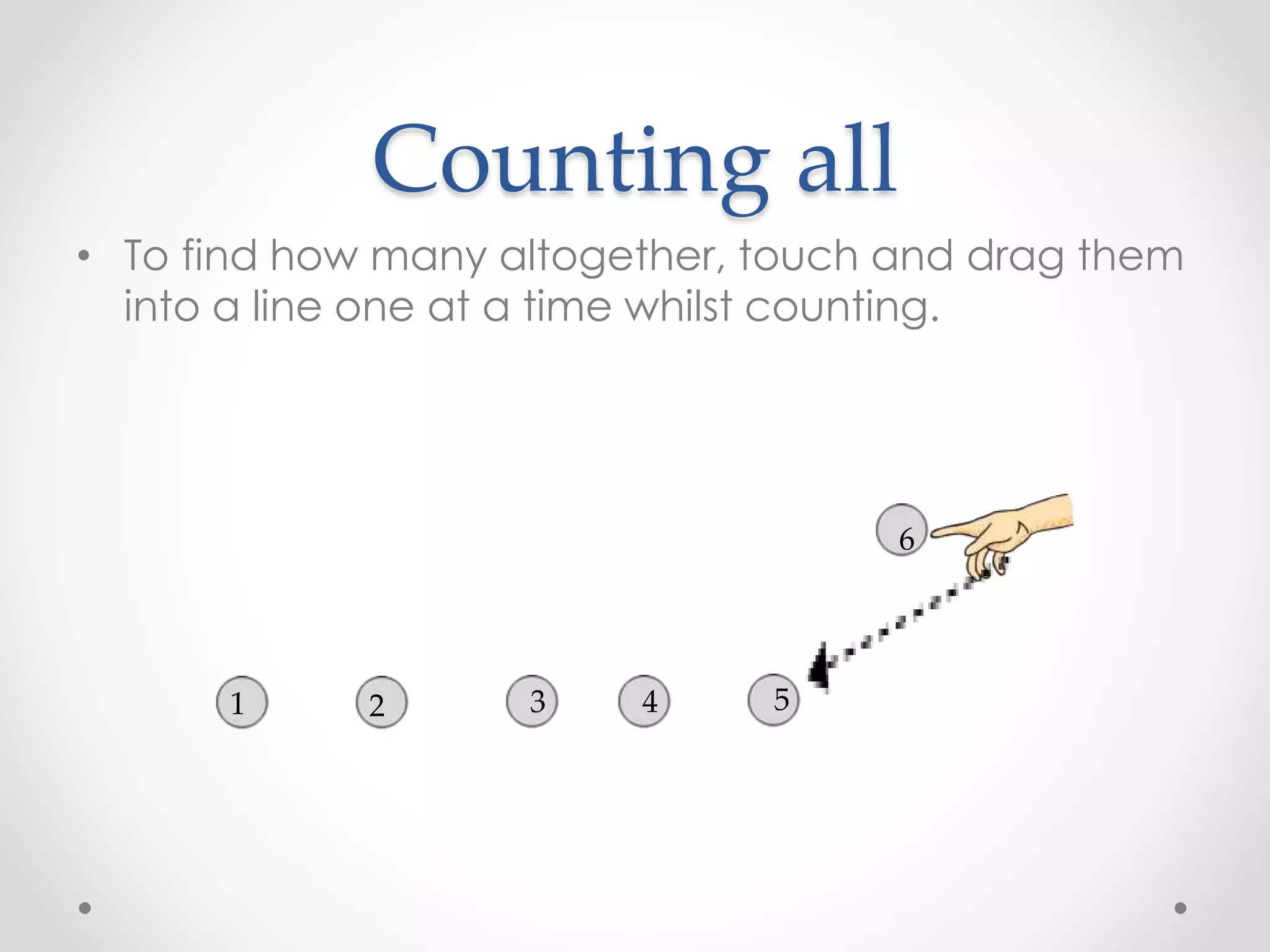 Counting all
• To find how many altogether, touch and drag them
into a line one at a time whilst counting.
1 2 3 4 5
6
 