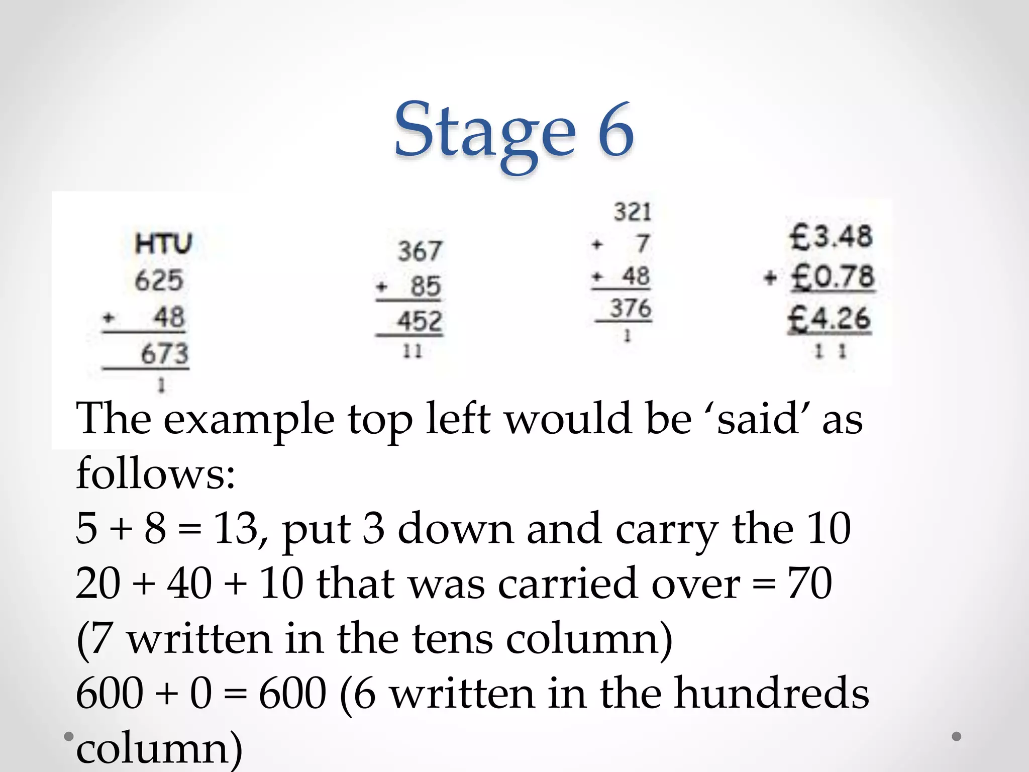 Stage 6
The example top left would be ‘said’ as
follows:
5 + 8 = 13, put 3 down and carry the 10
20 + 40 + 10 that was carried over = 70
(7 written in the tens column)
600 + 0 = 600 (6 written in the hundreds
column)
 