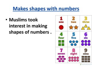 Makes shapes with numbers
• Muslims took
interest in making
shapes of numbers .
 