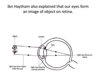 Ibn Haytham also explained that our eyes form
an image of object on retina.
 