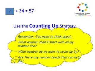 ?

+ 34 = 57

Use the Counting Up Strategy
Remember -You need to think about:

What number shall I start with on my
number line?
What number do we want to count up by?

Are there any number bonds that can help
me?

 