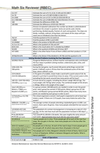 Math Six Reviewer (RBEC)
Enhance Mathematics-Quiz Bee Review Materials by BOYET B. ALUAN S, 2014
Page3MathExercisesforDailyUse
Est 377 Estimate the sum of 17.4, 8.32, 0.149 and 351.000 7
Est 70 Estimate the sum of 0.487+0.698+12.462+55.3
Est 2500 Estimate the sum of 157.3+194.23+2014.69+99.14
Est 2 900 000 Estimate the sum of 684 896+412 563+954 632+751 953
100 Estimate the difference of 845-746
100 000 Estimate the difference of 874 635-784 521
Note
Division id repeated subtraction the number we divide is called dividend
and divisor the answer is quotient. Some are words used, shared,
partitioning, divided equally, fraction of, each and quotient. The steps are:
divide, multiply, subtract, bring down, and repeat all the steps until you
reach zero or dividend is less than the divisor.
762.67 Find the quotient of 91.52 and 0.12
5.2805 Find the product of 89.5 and 0.059
19.226982 What is the product of 48.309 and 0.398?
31.5 or 31 r.12 What is the quotient of 756 and 24?
8233.333 What is the result when 24.7 is divided by 0.0003?
50,303 What is the quotient of 6456 and 24 times 187?
437.5092 What is the other factor if one of them is 8032 and their product is 3 514
074?
39766/59=674 What is the divisor if the dividend is 39 766 and the quotient is 59
Solving Worded Problems Involving the Four Operations.
GEORGE POLYA Hungarian Mathematician, brilliant teacher and expositor who contributed
the four steps in problem solving involves: understand, plan, solve, and
check.(UPSC)
(196+220)-78=
338 points
During the last game, Jay-R scored 196 points while Ringo scored 220
points. If Alfred’s score is 78 less than the combined scores of the two
boys, what is Alfred’s score
214+(18x3)=
214+54=268 points
In the game of scrabble, Jonjie made a word with a point value of 18. He
placed it such that it scored three times its value. If his current score is 214,
excluding the last word, around how many points will he have?
240 525- (120 750+345)=
119,430kgs weight of cargo
A truck and all its cargoes, including the drivers’ weigh 240 525 kgs. The
truck weighs 120 750 kgs when empty. The combined weight of the drivers
is 345kgs. What is the weight of the cargo?
Joey’s=82,041points
Misty’s= 77864 points
Boysee’s=51309 points
In a group contest, 100 000 points are needed in order to win the grand
prize. Joey’s group has earned 17 959 points, Misty’s group has 22 136
points, and Boysee’s group earned 48 691 points. About how many more
points are needed by each group in order to win?
1173x2x35days=11,730
35days=7daysx5weeks
The school organized a concert. Each pupil is expected to sell at least two
tickets a week. If there are 1173 pupils, how many tickets be sold in five
weeks?
6000x26= 156,000 average
people attended the last season
The average number of people attending a basketball game is 6 000. Last
season, there were 26 games. How many people attended the last season’s
game?
1253X365=457,345
Note: use the base of 1253 instead of population
at growth
The population of a certain microorganism is increasing at a rate of 1 253
per day. At this rate how much will the population increase in 365 days?Assume
it is not exponential
₱ 35,100.00/36=
₱ 975.00 each week
Tara saved ₱ 35,100.00 in 36 weeks. She save roughly the same amount
each week. Approximately how much did she save every week?
20-(4X3)=8
8 people are in the bus after the fourth stop
Twenty people are in a bus. Three people get off at each of the next four
stops. No one gets in the bus. How many people are in the bus after the
fourth stop?
18-6=12 needed passengers so
12/3=4, six stops or equals to 26 stops to
have 18 passenger inside the bus.
Six people are in the bus. At each of the next 6 stops 3 more people get in.
no one gets off. At which stop were there 18 people in the bus?
Sophia,William. Margaret, Harry
and Stephanie so, Harry is in the
fourth place.
Five people are in a line, Margaret is directly in front of Harry. Harry is just
in front of Stephanie. William is between Margaret and Sophia. What is
Harry’s position?
Order of Operations
9+12-1x2=21-2=19 9+4X3-3÷3x2
 