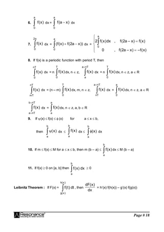 Page # 18
6. 
a
0
)
x
(
f dx =  
a
0
)
x
a
(
f dx
7. 
a
2
0
)
x
(
f dx =  

a
0
))
x
a
2
(
f
)
x
(
f
( dx =








)
x
(
f
–
)
x
–
a
2
(
f
,
0
)
x
(
f
)
x
–
a
2
(
f
,
dx
)
x
(
f
2
a
0
8. If f(x) is a periodic function with period T, then

nT
0
)
x
(
f dx = n 
T
0
)
x
(
f dx, n  z, 
nT
a
a
)
x
(
f dx = n 
T
0
)
x
(
f dx, n  z, a  R

nT
mT
)
x
(
f dx = (n – m) 
T
0
)
x
(
f dx, m, n  z, 
nT
a
nT
)
x
(
f dx = 
a
0
)
x
(
f dx, n  z, a  R



nT
b
nT
a
)
x
(
f dx = 
a
a
)
x
(
f dx, n  z, a, b  R
9. If (x)  f(x)   (x) for a  x  b,
then 
b
a
)
x
( dx  
b
a
)
x
(
f dx  
b
a
)
x
( dx
10. If m  f(x)  M for a  x  b, then m (b – a) 

b
a
)
x
(
f dx  M (b – a)
11. If f(x)  0 on [a, b] then

b
a
dx
)
x
(
f  0
Leibnitz Theorem : If F(x) =

)
x
(
h
)
x
(
g
dt
)
t
(
f , then
dx
)
x
(
dF
= h(x) f(h(x)) – g(x) f(g(x))
 
