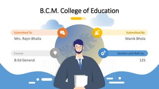 B.C.M. College of Education
Submitted By
Section and Roll no.
Submitted To
Course
Mrs. Rajni Bhalla
B.Ed General
Manik Bhola
125
 