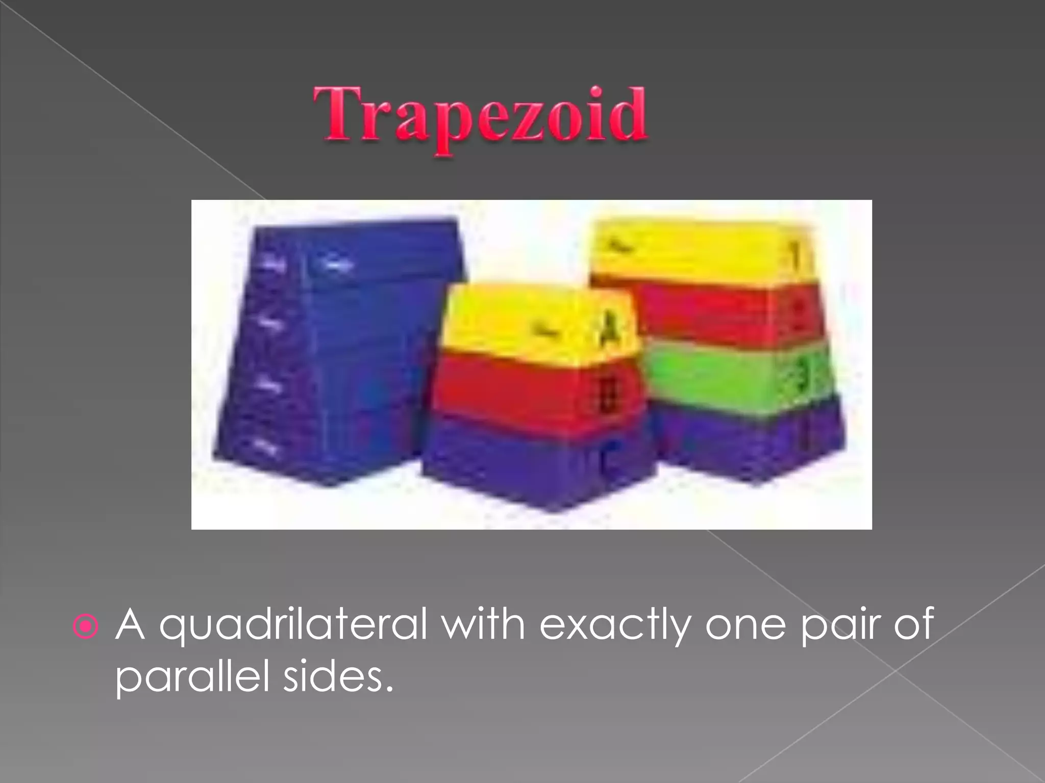           TrapezoidA quadrilateral with exactly one pair of parallel sides.