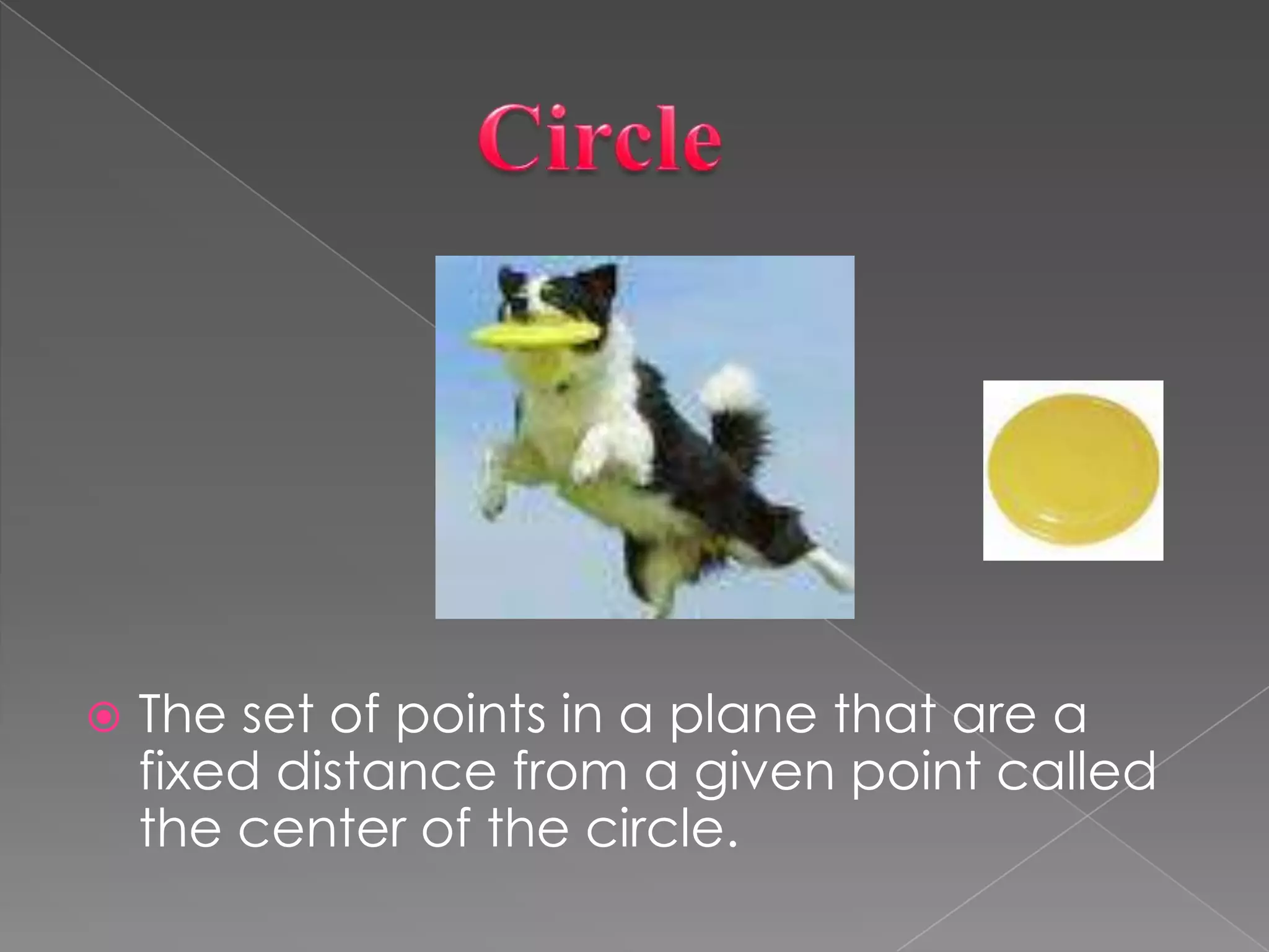               CircleThe set of points in a plane that are a fixed distance from a given point called the center of the circle.