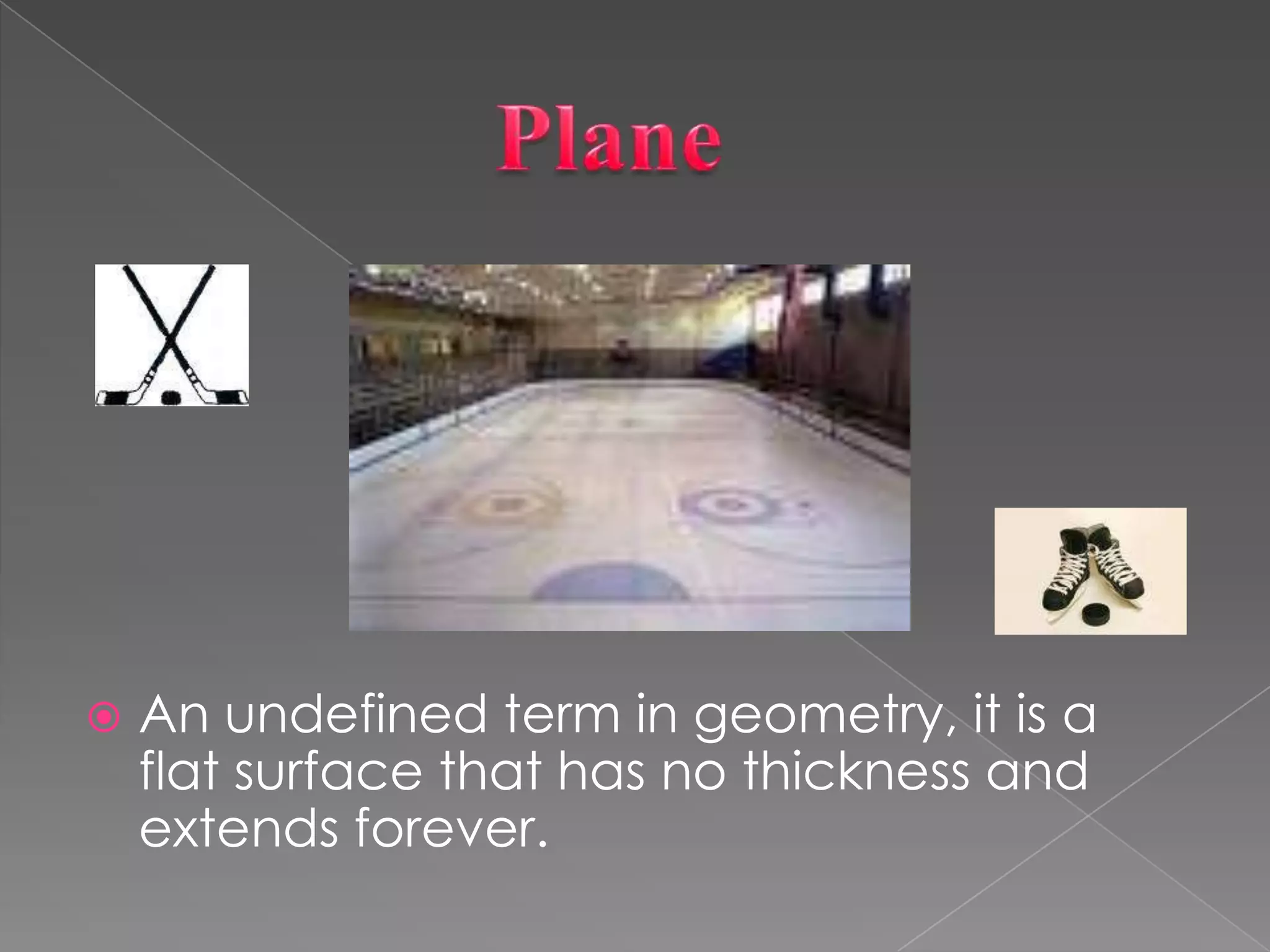 PlaneAn undefined term in geometry, it is a flat surface that has no thickness and extends forever.