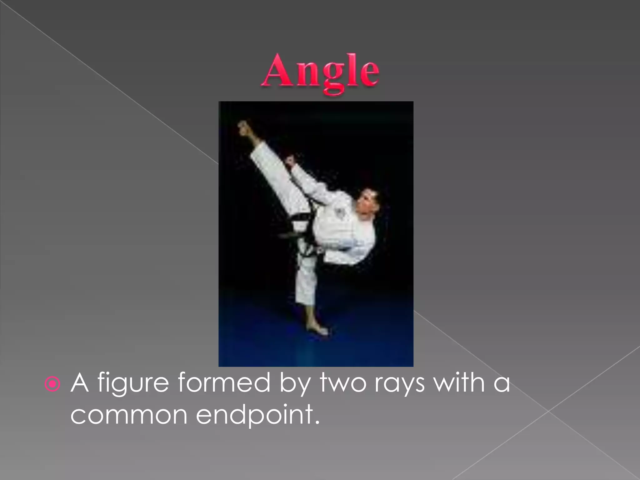 AngleA figure formed by two rays with a common endpoint.