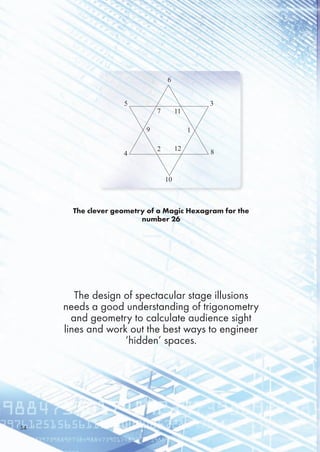 The clever geometry of a Magic Hexagram for the
number 26
The design of spectacular stage illusions
needs a good understanding of trigonometry
and geometry to calculate audience sight
lines and work out the best ways to engineer
‘hidden’ spaces.
6
3
8
10
4
5
7 11
122
9 1
4
 