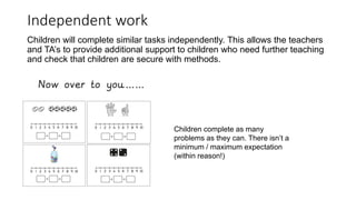 Independent work
Children will complete similar tasks independently. This allows the teachers
and TA’s to provide additional support to children who need further teaching
and check that children are secure with methods.
Children complete as many
problems as they can. There isn’t a
minimum / maximum expectation
(within reason!)
 