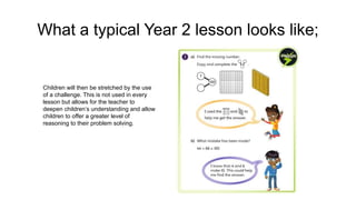 What a typical Year 2 lesson looks like;
Children will then be stretched by the use
of a challenge. This is not used in every
lesson but allows for the teacher to
deepen children’s understanding and allow
children to offer a greater level of
reasoning to their problem solving.
 