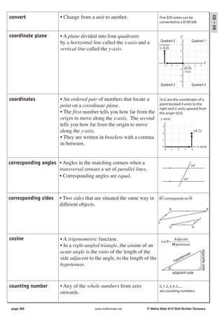 convert                 • Change from a unit to another.




                                                                                                                                                        co - co
                                                                           Five $20 notes can be
                                                                           converted to a $100 bill.


coordinate plane        • A plane divided into four quadrants                                           Y
                                                                               Quadrant 2                              Quadrant 1
                        by a horizontal line called the x-axis and a       Coordinate                   3
                        vertical line called the y-axis.                   (−3,2)
                                                                                                        2

                                                                                                        1

                                                                                                                                          X
                                                                                 −3     −2      −1               1         2     3
                                                                                                        −1   (0,0)
                                                                                                             Origin
                                                                                                        −2

                                                                                                        −3
                                                                               Quadrant 3                              Quadrant 4



coordinates             • An ordered pair of numbers that locate a         (4,2) are the coordinates of a
                        point on a coordinate plane.                       point located 4 units to the
                                                                           right and 2 units upward from
                        • The first number tells you how far from the      the origin (0,0).
                        origin to move along the x-axis. The second            y-axis
                        tells you how far from the origin to move               3
                        along the y-axis.                                                                                  (4,2)
                                                                                2
                        • They are written in brackets with a comma             1
                        in between.                                             0                                              x-axis
                                                                                    0       1       2        3         4



corresponding angles • Angles in the matching corners when a                                                           64°
                     transversal crosses a set of parallel lines.
                     • Corresponding angles are equal.
                                                                                                             64°




corresponding sides    • Two sides that are situated the same way in       AC corresponds to HI
                       different objects.
                                                                                        A                                                           B

                                                                                                                                I
                                                                           C
                                                                                        G                              H


cosine                  • A trigonometric function.                            cos θ =
                                                                                             A dja cent
                        • In a right-angled triangle, the cosine of an                      H ypotenuse

                        acute angle is the ratio of the length of the
                                                                                                                                    opposite side




                                                                                                                   e
                                                                                                     te      nus
                        side adjacent to the angle, to the length of the                        hypo
                        hypotenuse.
                                                                                        θ
                                                                                            adjacent side


counting number         • Any of the whole numbers from zero               0, 1, 2, 3, 4, 5......
                        onwards.                                           are counting numbers.



 page 368                                www.mathsmate.net         © Maths Mate 9/10 Skill Builder Glossary
 