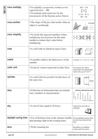 cross multiply        • To simplify a proportion, written as two                                      a:b    = c:d
cr - de

                                equal fractions OR                                                               a     = c
                                                                                                                 b       d
                                • To multiply each numerator by the                                            a×d     = b×c
                                denominator of the fraction across from it.                                     ad     = bc

          cross-section         • The shape of the face that results when an                                                      rectangle
                                object is cut through.


          cross simplify        • To divide the diagonal numbers (when                                     ÷3           ÷4
                                                                                                                              1     2
                                                                                       3 8 3 8        3 8 2
                                multiplying two fractions) by the same                  × = × = × =
                                                                                       4 9 ÷ 4 4 9÷ 3 4 9 3
                                number to reduce their value before                                                           1     3

                                multiplying.

          cube                  • A solid with six identical square faces.



          cubed                 • A number cubed is the third power of the           5 cubed = 5 3 = 5 × 5 × 5 = 125
                                number.

          cubic unit            • A unit of volume expressed in cubic form.          The volume of a solid is
                                                                                     measured in the appropriate
                                                                                     cubic units, e.g. cm 3 or m 3.


          cylinder              • A solid with two parallel circular bases of
                                the same size.                                                                                      bases




          data                  • Collection of information that can include                           HOSPITAL EMERGENCIES (MAY)
                                                                                      Number of days




                                facts, numbers or measurements.

                                                                                                       0   1    2     3   4     5    6
                                                                                                                       Number of emergencies




          day                   • A unit of time equal to 24 hours.                  A day starts and ends at
                                                                                     midnight.




          daylight saving time • Use of fictitious time in the summer months         During daylight saving clocks
                               that prolongs light in the evening hours.             are one hour ahead of real
                                                                                     time.


          deca                  • Prefix meaning ten.                                Decathlon is an athletics
                                                                                     contest with ten events.


          page 369                               www.mathsmate.net           © Maths Mate 9/10 Skill Builder Glossary
 