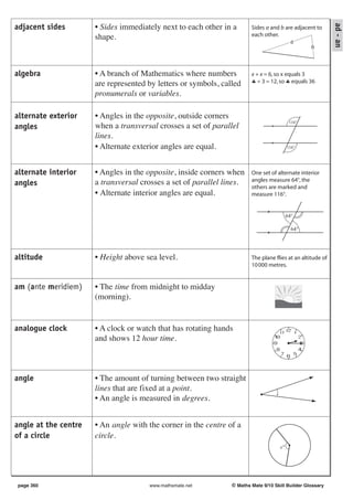 ad - an
adjacent sides        • Sides immediately next to each other in a       Sides a and b are adjacent to
                      shape.                                            each other.
                                                                                        a
                                                                                                b



algebra               • A branch of Mathematics where numbers           x + x = 6, so x equals 3
                      are represented by letters or symbols, called     ♣ ÷ 3 = 12, so ♣ equals 36

                      pronumerals or variables.

alternate exterior    • Angles in the opposite, outside corners
                                                                                           116°
angles                when a transversal crosses a set of parallel
                      lines.
                      • Alternate exterior angles are equal.                              116°




alternate interior    • Angles in the opposite, inside corners when     One set of alternate interior
                      a transversal crosses a set of parallel lines.    angles measure 64°, the
angles                                                                  others are marked and
                      • Alternate interior angles are equal.            measure 116°.


                                                                                          64°

                                                                                            64°




altitude              • Height above sea level.                         The plane flies at an altitude of
                                                                        10 000 metres.


am (ante meridiem)    • The time from midnight to midday
                      (morning).


analogue clock        • A clock or watch that has rotating hands
                      and shows 12 hour time.



angle                 • The amount of turning between two straight
                      lines that are fixed at a point.
                      • An angle is measured in degrees.


angle at the centre   • An angle with the corner in the centre of a
of a circle           circle.
                                                                                     x°




page 360                              www.mathsmate.net         © Maths Mate 9/10 Skill Builder Glossary
 
