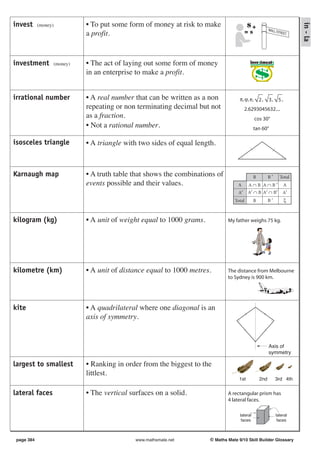 invest                          • To put some form of money at risk to make




                                                                                                                           in - la
            (money)
                                a profit.


investment            (money)   • The act of laying out some form of money
                                in an enterprise to make a profit.


irrational number               • A real number that can be written as a non            π, ϕ, e, 2 ,        3, 5 ,
                                repeating or non terminating decimal but not                2.6293045632....
                                as a fraction.                                                    cos 30°
                                • Not a rational number.                                          tan 60°

isosceles triangle              • A triangle with two sides of equal length.



Karnaugh map                    • A truth table that shows the combinations of                    B         B′     Total
                                events possible and their values.                      A     A∩B A∩B′                A
                                                                                       A′    A′ ∩ B A′ ∩ B′          A′
                                                                                     Total        B         B′       ξ



kilogram (kg)                   • A unit of weight equal to 1000 grams.           My father weighs 75 kg.




kilometre (km)                  • A unit of distance equal to 1000 metres.        The distance from Melbourne
                                                                                  to Sydney is 900 km.




kite                            • A quadrilateral where one diagonal is an
                                axis of symmetry.


                                                                                                            Axis of
                                                                                                            symmetry

largest to smallest             • Ranking in order from the biggest to the
                                littlest.
                                                                                       1st            2nd        3rd 4th

lateral faces                   • The vertical surfaces on a solid.               A rectangular prism has
                                                                                  4 lateral faces.

                                                                                        lateral                  lateral
                                                                                         faces                    faces



 page 384                                        www.mathsmate.net        © Maths Mate 9/10 Skill Builder Glossary
 