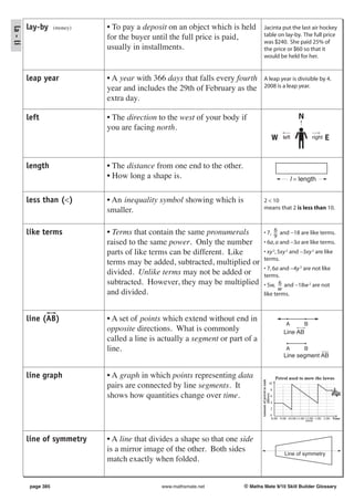 lay-by      (money)   • To pay a deposit on an object which is held           Jacinta put the last air hockey
la - li

                                for the buyer until the full price is paid,             table on lay-by. The full price
                                                                                        was $240. She paid 25% of
                                usually in installments.                                the price or $60 so that it
                                                                                        would be held for her.


          leap year             • A year with 366 days that falls every fourth          A leap year is divisible by 4.
                                year and includes the 29th of February as the           2008 is a leap year.

                                extra day.

          left                  • The direction to the west of your body if                                                   N
                                you are facing north.
                                                                                                              W      left              right   E


          length                • The distance from one end to the other.
                                • How long a shape is.                                                                     l = length


          less than (<)         • An inequality symbol showing which is                 2 < 10
                                smaller.                                                means that 2 is less than 10.



          like terms            • Terms that contain the same pronumerals               • 7, 6 and −18 are like terms.
                                                                                             9
                                raised to the same power. Only the number               • 6a, a and −3a are like terms.
                                parts of like terms can be different. Like              • xy 2, 5xy 2 and −3xy 2 are like
                                                                                        terms.
                                terms may be added, subtracted, multiplied or
                                                                                        • 7, 6a and −4y 3 are not like
                                divided. Unlike terms may not be added or               terms.
                                subtracted. However, they may be multiplied             • 5w, 6 and −18w 2 are not
                                                                                               w
                                and divided.                                            like terms.



          line (AB)             • A set of points which extend without end in
                                                                                                                       A          B
                                opposite directions. What is commonly                                                 Line AB
                                called a line is actually a segment or part of a
                                line.                                                                                  A          B
                                                                                                                      Line segment AB


          line graph            • A graph in which points representing data                                       Petrol used to mow the lawns
                                                                                   Amount of petrol in tank




                                pairs are connected by line segments. It                              10
                                                                                                              8
                                shows how quantities change over time.
                                                                                          (litres)




                                                                                                              6
                                                                                                              4
                                                                                                              2
                                                                                                              0
                                                                                                              8:00 9:00 10:00 11:00 12:00 1:00 2:00 Time
                                                                                                                                    noon




          line of symmetry      • A line that divides a shape so that one side
                                is a mirror image of the other. Both sides                                            Line of symmetry
                                match exactly when folded.


           page 385                              www.mathsmate.net          © Maths Mate 9/10 Skill Builder Glossary
 