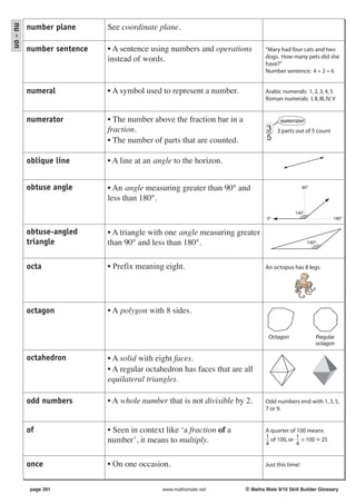 nu - on
          number plane      See coordinate plane.

          number sentence   • A sentence using numbers and operations          “Mary had four cats and two
                            instead of words.                                  dogs. How many pets did she
                                                                               have?”
                                                                               Number sentence: 4 + 2 = 6


          numeral           • A symbol used to represent a number.             Arabic numerals: 1, 2, 3, 4, 5
                                                                               Roman numerals: I, II, III, IV, V


          numerator         • The number above the fraction bar in a                  numerator
                            fraction.                                           3    3 parts out of 5 count
                            • The number of parts that are counted.             5

          oblique line      • A line at an angle to the horizon.


          obtuse angle      • An angle measuring greater than 90° and                            90°

                            less than 180°.
                                                                                             140°
                                                                                0°                             180°


          obtuse-angled     • A triangle with one angle measuring greater
          triangle          than 90° and less than 180°.                                            140°




          octa              • Prefix meaning eight.                            An octopus has 8 legs.




          octagon           • A polygon with 8 sides.


                                                                                Octagon                Regular
                                                                                                       octagon

          octahedron        • A solid with eight faces.
                            • A regular octahedron has faces that are all
                            equilateral triangles.

          odd numbers       • A whole number that is not divisible by 2.       Odd numbers end with 1, 3, 5,
                                                                               7 or 9.


          of                • Seen in context like ‘a fraction of a            A quarter of 100 means
                                                                               1            1
                            number’, it means to multiply.                       of 100, or × 100 = 25
                                                                               4            4


          once              • On one occasion.                                 Just this time!



          page 391                           www.mathsmate.net         © Maths Mate 9/10 Skill Builder Glossary
 