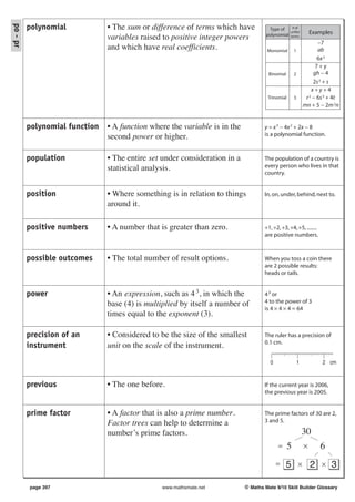 • The sum or difference of terms which have
po - pr
          polynomial                                                                  Type of      # of

                                                                                     polynomial
                                                                                                  unlike         Examples
                                variables raised to positive integer powers                       terms

                                                                                                                    −7
                                and which have real coefficients.                    Monomial        1              ab
                                                                                                                    6x 2
                                                                                                                   7+y
                                                                                      Binomial       2            gh − 4
                                                                                                                  2s 2 + s
                                                                                                                 x+y+4
                                                                                     Trinomial       3        r 2 − 6s 3 + 4t
                                                                                                             mn + 5 − 2m 2n


          polynomial function   • A function where the variable is in the           y = x 3 − 4x 2 + 2x − 8
                                second power or higher.                             is a polynomial function.



          population            • The entire set under consideration in a           The population of a country is
                                statistical analysis.                               every person who lives in that
                                                                                    country.


          position              • Where something is in relation to things          In, on, under, behind, next to.
                                around it.

          positive numbers      • A number that is greater than zero.               +1, +2, +3, +4, +5, ........
                                                                                    are positive numbers.


          possible outcomes     • The total number of result options.               When you toss a coin there
                                                                                    are 2 possible results:
                                                                                    heads or tails.


          power                 • An expression, such as 4 3, in which the          4 3 or
                                base (4) is multiplied by itself a number of        4 to the power of 3
                                                                                    is 4 × 4 × 4 = 64
                                times equal to the exponent (3).

          precision of an       • Considered to be the size of the smallest         The ruler has a precision of
                                                                                    0.1 cm.
          instrument            unit on the scale of the instrument.
                                                                                       0                 1           2 cm


          previous              • The one before.                                   If the current year is 2006,
                                                                                    the previous year is 2005.


          prime factor          • A factor that is also a prime number.             The prime factors of 30 are 2,
                                Factor trees can help to determine a                3 and 5.

                                number’s prime factors.                                                      30
                                                                                           =     5           ×       6
                                                                                           =   5         ×       2   ×   3

          page 397                              www.mathsmate.net           © Maths Mate 9/10 Skill Builder Glossary
 