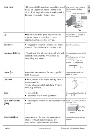 time zone            • Regions of different times around the world.      NSW time is 3 hours ahead of




                                                                                                                                             ti - tr
                     Based on Greenwich Mean Time (GMT),                 WA time during daylight
                                                                         saving.
                     each 15° of longitude away from Greenwich,                          Daylight Saving Time Zones
                     England represents 1 hour of time.                              Darwin                - Summer
                                                                                                                           e.g. +9.5
                                                                                                                         = hours ahead of
                                                                                                                       Greenwich Mean Time
                                                                                          +9.5
                                                                               +8                         +10             Brisbane

                                                                                          +10.5
                                                                       Perth                               +11
                                                                                                          Canberra
                                                                                                                       Sydney
                                                                                              Adelaide
                                                                                                   Melbourne



                                                                                                              Hobart




tip                  • Optional payment given in addition to a           The tip added an extra 5% to
                     required payment, usually to express                the cost of the meal.

                     appreciation for excellent service.

tolerance            • The greatest range of variation that can be       See tolerance interval.
                     allowed. The amount of acceptable error.

tolerance interval   • To calculate the tolerance interval, add and      The ruler has a precision of 0.1
                     subtract one half of the precision of the           cm.
                                                                         The tolerance interval in this
                     measuring instrument.                               measurement is:
                                                                                    1.4 ± 0.05 cm
                                                                         or from 1.35 to 1.45 cm


                                                                               0                1                    2 cm


tonne (t)            • A unit of measurement for mass equal to           The Humpback whale can
                     1000 kilograms.                                     weigh 58 tonnes.

                                                                                              top
top view             • What you see of an object looking from a
                     top perspective.
                     • Three-dimensional objects have 3 views:
                     front, top and side.

total                • The whole lot.                                    The total of 2 and 7 and 3 is 12:
                     • The sum of two or more quantities.                2 + 7 + 3 = 12


total surface area   • The complete area of the exterior surface of      The TSA of a rectangular box is
                     a solid.                                            2lw + 2lh + 2wh
(TSA)
                                                                                                              height (h)

                                                                                                           width (w)
                                                                                   length (l)


transformation       • A movement of a shape in a coordinate             See translation, reflection and
                     plane. Types of transformations are                 rotation.

                     translations, reflections and rotations.

page 416                              www.mathsmate.net         © Maths Mate 9/10 Skill Builder Glossary
 