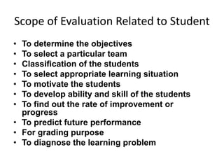 Scope of Evaluation Related to Student 
• To determine the objectives 
• To select a particular team 
• Classification of the students 
• To select appropriate learning situation 
• To motivate the students 
• To develop ability and skill of the students 
• To find out the rate of improvement or 
progress 
• To predict future performance 
• For grading purpose 
• To diagnose the learning problem 
 