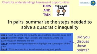 Check for understanding/ Assessment opportunities
In pairs, summarise the steps needed to
solve a quadratic inequality
Step 1 Start by solving the inequality as a quadratic equation equal to 0
Step 2 Sketch the graph. Your solutions are the points where the
quadratic graph intersects the-axis
Step 3 Consider the original inequality- highlight the correct part of the
graph
Step 4 Write your solutions as an inequality using your graph
Did you
discuss
these
points?
TURN
AND
TALK
 