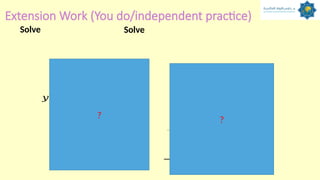 Extension Work (You do/independent practice)
𝑥
𝑦
− 4 −1
𝑦 =(𝑥+4)(𝑥 +1)
or
𝑥
𝑦
−3 3
𝑦=(𝑥+3)(𝑥 −3)
− 3 < 𝑥< 3
? ?
Solve Solve
 
