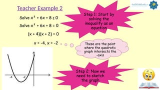 Solve x² + 6x + 8 ≥ 0
Step 1: Start by
solving the
inequality as an
equation
Solve x² + 6x + 8 = 0
(x + 4)(x + 2) = 0
x = -4, x = -2
Teacher Example 2
These are the point
where the quadratic
graph intersects the
-axis
Step 2: Now we
need to sketch
the graph
 
