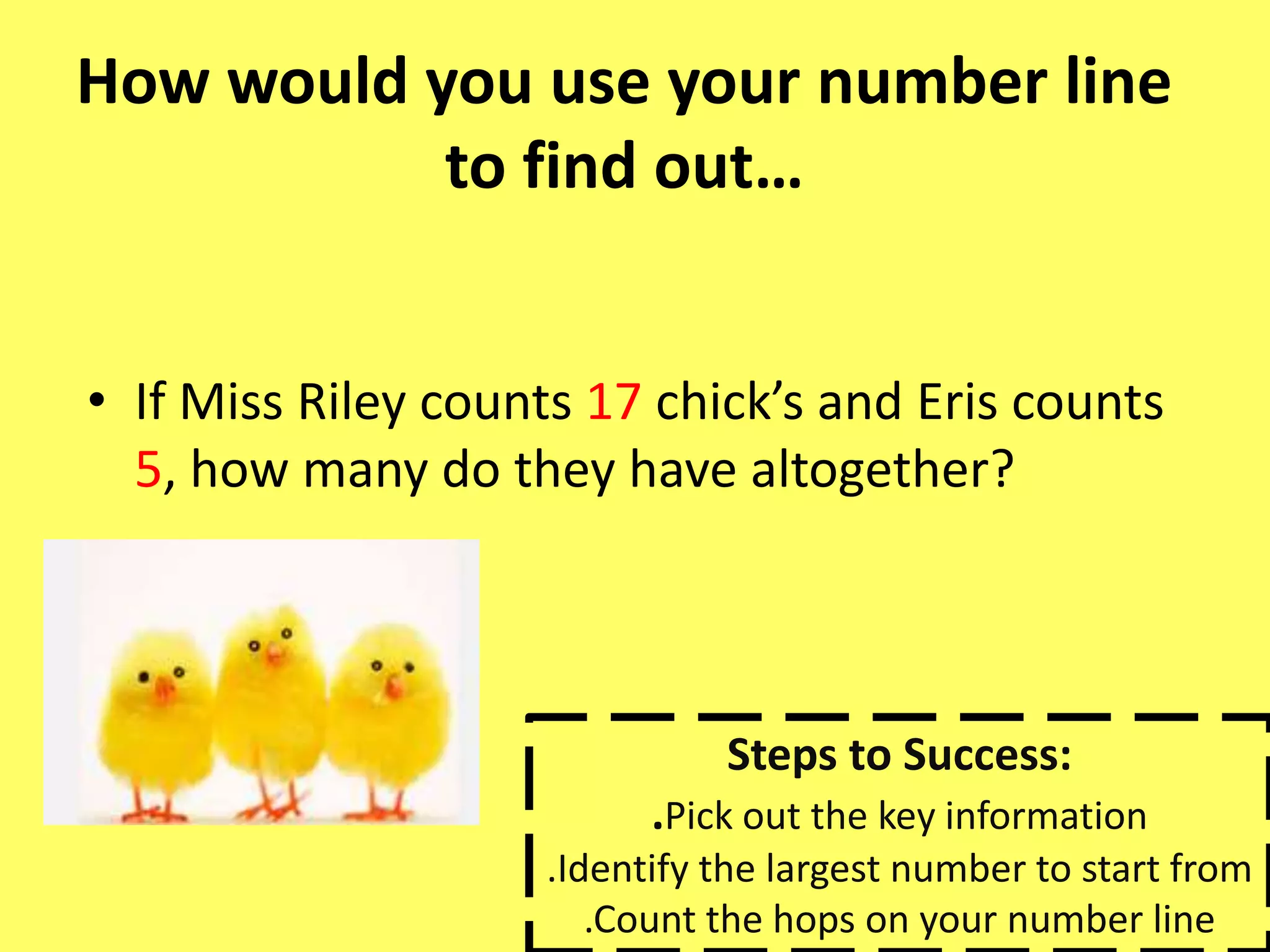 How would you use your number line
to find out…
• If Miss Riley counts 17 chick’s and Eris counts
5, how many do they have altogether?
Steps to Success:
.Pick out the key information
.Identify the largest number to start from
.Count the hops on your number line
 