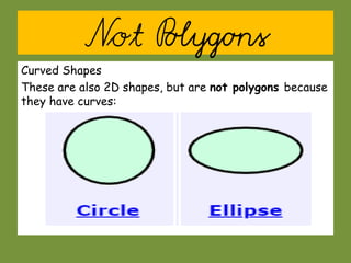 Not Polygons
Curved Shapes
These are also 2D shapes, but are not polygons because
they have curves:
 