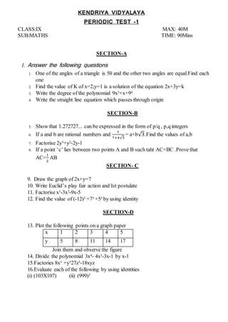 KENDRIYA VIDYALAYA
PERIODIC TEST -1
CLASS:IX MAX: 40M
SUB:MATHS TIME: 90Mins
SECTION-A
I. Answer the following questions
1. One of the angles of a triangle is 50 and the other two angles are equal.Find each
one
2. Find the value of K of x=2;y=1 is a solution of the equation 2x+3y=k
3. Write the degree of the polynomial 9x3+x+94
4. Write the straight line equation which passes through origin
SECTION-B
5. Show that 1.272727... can be expressed in the form of p/q , p,q integers
6. If a and b are rational numbers and
1
7+4√3
= a+b√3.Find the values of a,b
7. Factorise 2y3+y2-2y-1
8. If a point ‘c’ lies between two points A and B such taht AC=BC .Prove that
AC=
1
2
AB
SECTION- C
9. Draw the graph of 2x+y=7
10. Write Euclid’s play fair action and Ist postulate
11. Factorise x3-3x2-9x-5
12. Find the value of (-12)3 +73 +53 by using identity
SECTION-D
13. Plot the following points on a graph paper
x 1 2 3 4 5
y 5 8 11 14 17
Join them and observe the figure
14. Divide the polynomial 3x4- 4x3-3x-1 by x-1
15.Factories 8x3 +y327z3-18xyz
16.Evaluate each of the following by using identities
(i) (103X107) (ii) (999)3
 