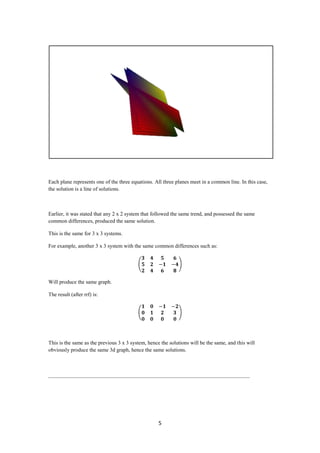 Each plane represents one of the three equations. All three planes meet in a common line. In this case,
the solution is a line of solutions.



Earlier, it was stated that any 2 x 2 system that followed the same trend, and possessed the same
common differences, produced the same solution.

This is the same for 3 x 3 systems.

For example, another 3 x 3 system with the same common differences such as:




Will produce the same graph.

The result (after rrf) is:




This is the same as the previous 3 x 3 system, hence the solutions will be the same, and this will
obviously produce the same 3d graph, hence the same solutions.



___________________________________________________________________________




                                                    5
 