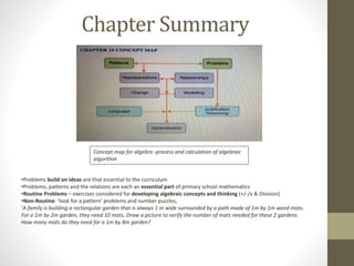 Chapter Summary
Concept map for algebra -process and calculation of algebraic
algorithm
•Problems build on ideas are that essential to the curriculum
•Problems, patterns and the relations are each an essential part of primary school mathematics
•Routine Problems – exercises considered for developing algebraic concepts and thinking (+/-/x & Division)
•Non-Routine: ‘look for a pattern’ problems and number puzzles,
‘A family is building a rectangular garden that is always 1 m wide surrounded by a path made of 1m by 1m weed mats.
For a 1m by 2m garden, they need 10 mats. Draw a picture to verify the number of mats needed for these 2 gardens.
How many mats do they need for a 1m by 8m garden?
 