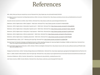 References
ABC. (2016). Show just how pro numerals you can be. Retrieved from, http://splash.abc.net.au/home#!/media/1453524/
Australian Curriculum Assessment and Reporting Authority. (2016). Curriculum. Retrieved from, http://www.australiancurriculum.edu.au/mathematics/curriculum/f-
10?layout=1
Education Services Australia Ltd. (2016). Colour Patterns. Retrieved from, http://www.scootle.edu.au/ec/viewing/L3516/index.html
Mathantics. (2015). Algebra basics: What is algebra? – Math Antics. Retrieved from, https://www.youtube.com/watch?v=NybHckSEQBI
Mathantics. (2015). Algebra basics: Solving Basic Equations part 1 – Math Antics. Retrieved from, https://www.youtube.com/watch?v=l3XzepN03KQ
Mathantics. (2015). Algebra basics: Solving Basic Equations part 2 – Math Antics. Retrieved from, https://www.youtube.com/watch?v=Qyd_v3DGzTM
Mathantics. (2015). Algebra basics: Solving basic 2-step Equations – Math Antics. Retrieved from, https://www.youtube.com/watch?v=LDIiYKYvvdA
Mathantics. (2015). Algebra basics: What are polynomials? – Math Antics. Retrieved from, https://www.youtube.com/watch?v=ffLLmV4mZwU
Mathantics. (2015). Algebra basics: Simplifying polynomials – Math Antics. Retrieved from, https://www.youtube.com/watch?v=DKC74YKJpNY
MathwithMrAlmeida. (2010). 1.0A.7 – Meaning of the Equal Sign. Retrieved from, https://www.youtube.com/watch?v=2cJbQHYTJjM
National Center for Education Evaluation and Regional Assistance. (2015). Teaching Strategies for Improving Algebra Knowledge in Middle and High School. Retrieved from,
https://ies.ed.gov/ncee/wwc/pdf/practice_guides/wwc_algebra_040715.pdf
New South Wales Department of Education. (2013). Site2see: Patterns and Algebra. Retrieved from, http://www.resources.det.nsw.edu.au/Resource/Access/37f3cd25-eeb2-
4be3-87e0-e83f98c717b7/1
Oswega City School District. (2012). Teaching Strategy Resources for Mathematics. Retrieved from, http://www.regentsprep.org/regents/math/algebra/teachres/Teachres.htm
Rubin, A. (2002). Student’s Misconceptions about the Equals Sign. Retrieved from, http://www-tc.pbs.org/teacherline/courses/math175/session3/studentmisconceptions.pdf
University of Melbourne. (2011). Fractions. Retrieved from, http://www.amsi.org.au/teacher_modules/fractions.html
Utah State University. (2009). Function Machine. Retrieved from, http://www.scootle.edu.au/ec/viewing/L3527/index.html
 