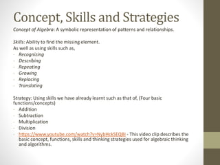 Concept, Skills and Strategies
Concept of Algebra: A symbolic representation of patterns and relationships.
Skills: Ability to find the missing element.
As well as using skills such as,
- Recognizing
- Describing
- Repeating
- Growing
- Replacing
- Translating
Strategy: Using skills we have already learnt such as that of, (Four basic
functions/concepts)
- Addition
- Subtraction
- Multiplication
- Division
- https://www.youtube.com/watch?v=NybHckSEQBI - This video clip describes the
basic concept, functions, skills and thinking strategies used for algebraic thinking
and algorithms.
 