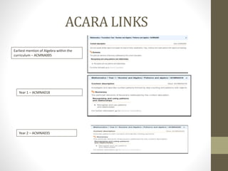 ACARA LINKS
Earliest mention of Algebra within the
curriculum – ACMNA005
Year 1 – ACMNA018
Year 2 – ACMNA035
 