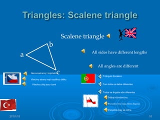 27/01/15 10
a
b
c
Scalene triangle
All sides have different lengths
All angles are different
Nerovnostranný trojúhelník
Všechny strany mají rozdílnou délku
Všechny úhly jsou různé
Trójkąt różnoboczny
Wszystkie boki mają różne długości
Wszystkie kąty są różne
Triângulo Escaleno
Tem todos os lados diferentes
Todos os ângulos são diferentes
 