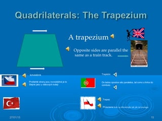 27/01/15 15
A trapezium
Opposite sides are parallel the
same as a train track.
lichoběžník
Protilehlé strany jsou rovnoběžné je to
Stejné jako u vlakových kolejí
Trapez
Przeciwne boki są równoległe tak jak tor pociągu
Trapézio
Os lados opostos são paralelos, tal como a linha do
comboio
 