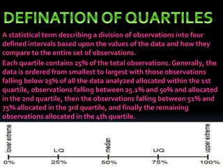 A statistical term describing a division of observations into four
defined intervals based upon the values of the data and how they
compare to the entire set of observations.
Each quartile contains 25% of the total observations. Generally, the
data is ordered from smallest to largest with those observations
falling below 25% of all the data analyzed allocated within the 1st
quartile, observations falling between 25.1% and 50% and allocated
in the 2nd quartile, then the observations falling between 51% and
75% allocated in the 3rd quartile, and finally the remaining
observations allocated in the 4th quartile.

 