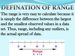 The range is very easy to calculate because it
is simply the difference between the largest
and the smallest observed values in a data
set. Thus, range, including any outliers, is
the actual spread of data.

 