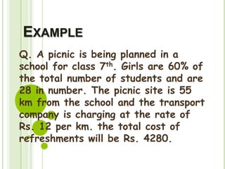 EXAMPLE
Q. A picnic is being planned in a
school for class 7th. Girls are 60% of
the total number of students and are
28 in number. The picnic site is 55
km from the school and the transport
company is charging at the rate of
Rs. 12 per km. the total cost of
refreshments will be Rs. 4280.
 