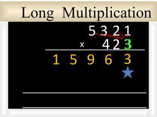 Long Multiplication
32x
5 123
5 3691
4 3
 