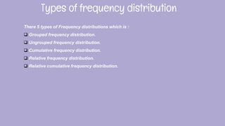 Types of frequency distribution
There 5 types of Frequency distributions which is :
 Grouped frequency distribution.
 Ungrouped frequency distribution.
 Cumulative frequency distribution.
 Relative frequency distribution.
 Relative cumulative frequency distribution.
 