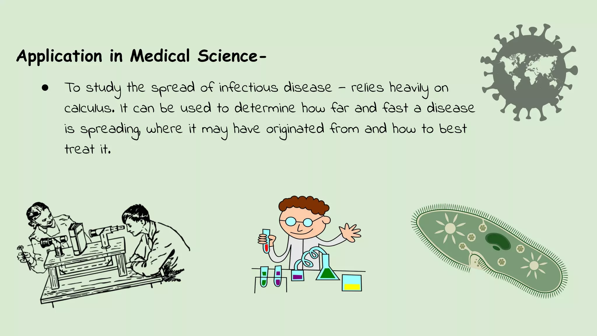 Application in Medical Science-
● To study the spread of infectious disease — relies heavily on
calculus. It can be used to determine how far and fast a disease
is spreading, where it may have originated from and how to best
treat it.
 