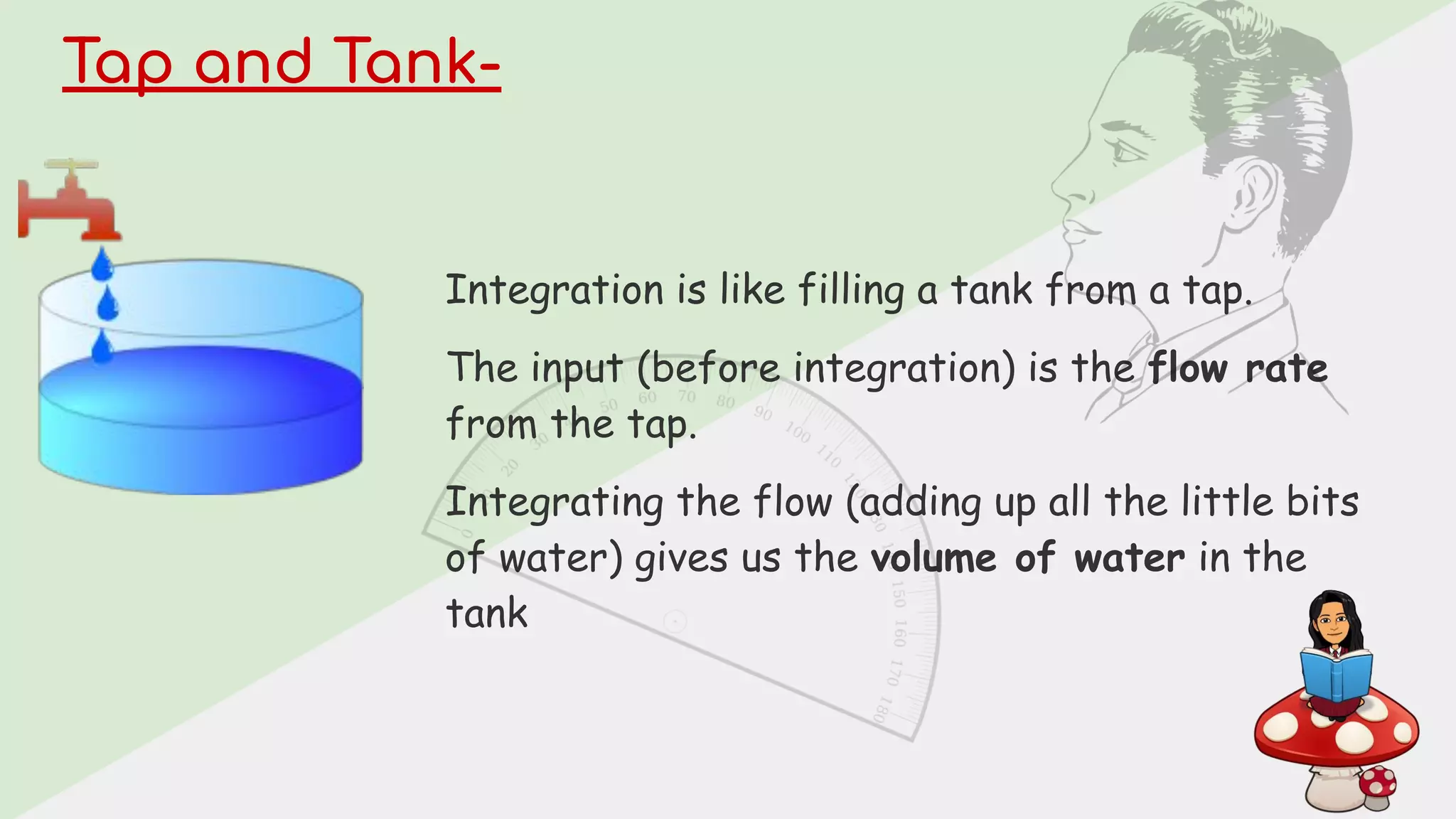 Tap and Tank-
Integration is like filling a tank from a tap.
The input (before integration) is the flow rate
from the tap.
Integrating the flow (adding up all the little bits
of water) gives us the volume of water in the
tank
 