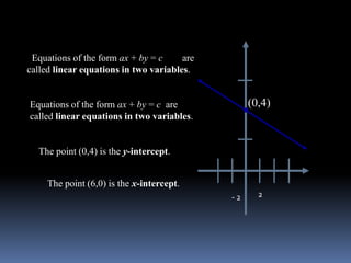 Equations of the form ax + by = c     are
called linear equations in two variables.


Equations of the form ax + by = c are             (0,4)
called linear equations in two variables.


  The point (0,4) is the y-intercept.


     The point (6,0) is the x-intercept.
                                             -2     2
 